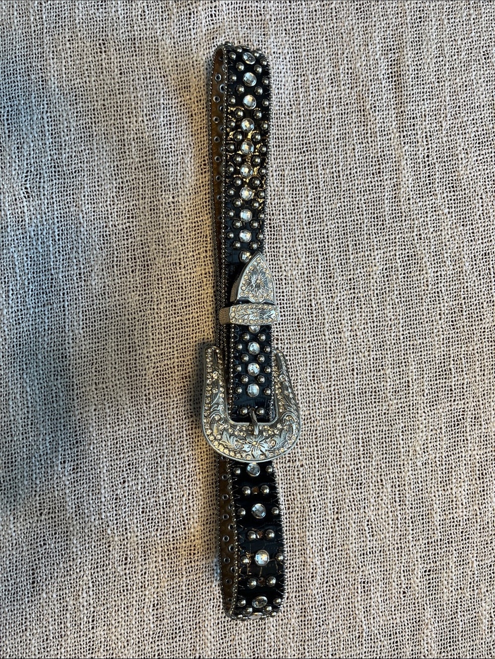 Black Studded Western Belt with Ornate Silver Buckle